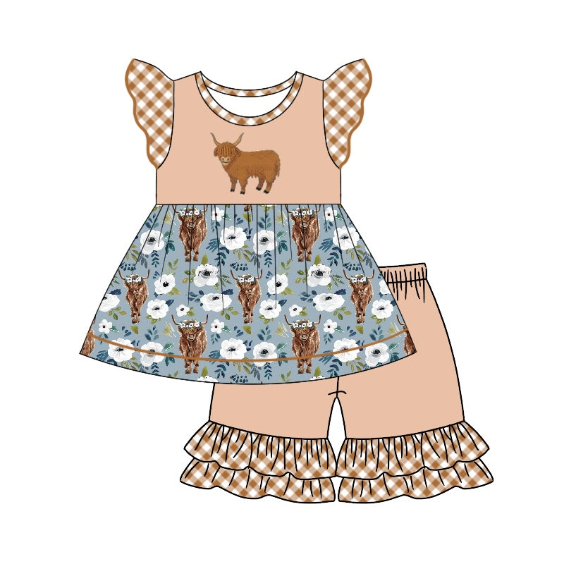 presale GSSO1344 Alpine cow head blue brown plaid flying sleeve shorts suit