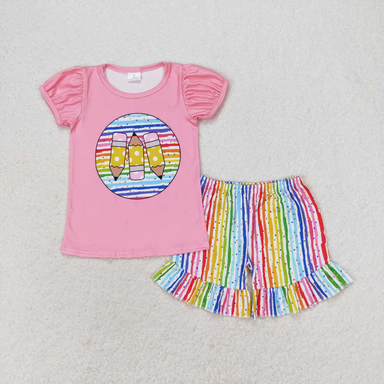 GSSO1366 Pencil Color Striped Pink Short Sleeve Shorts Set