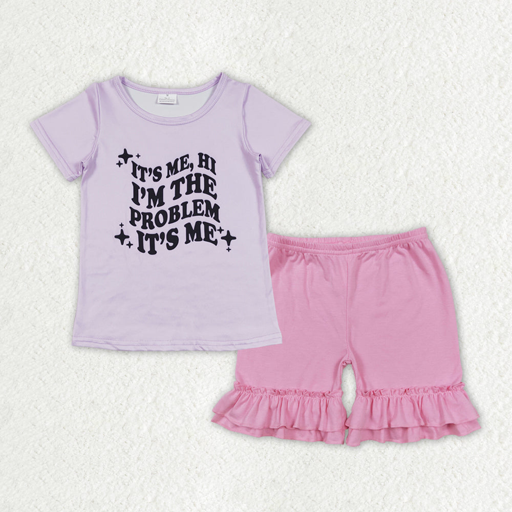GSSO1379 problem letter purple short-sleeved pink and purple lace shorts suit