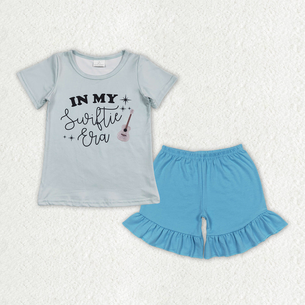 GSSO1380 in my swiftie era letter teal short sleeve blue one layer lace shorts suit