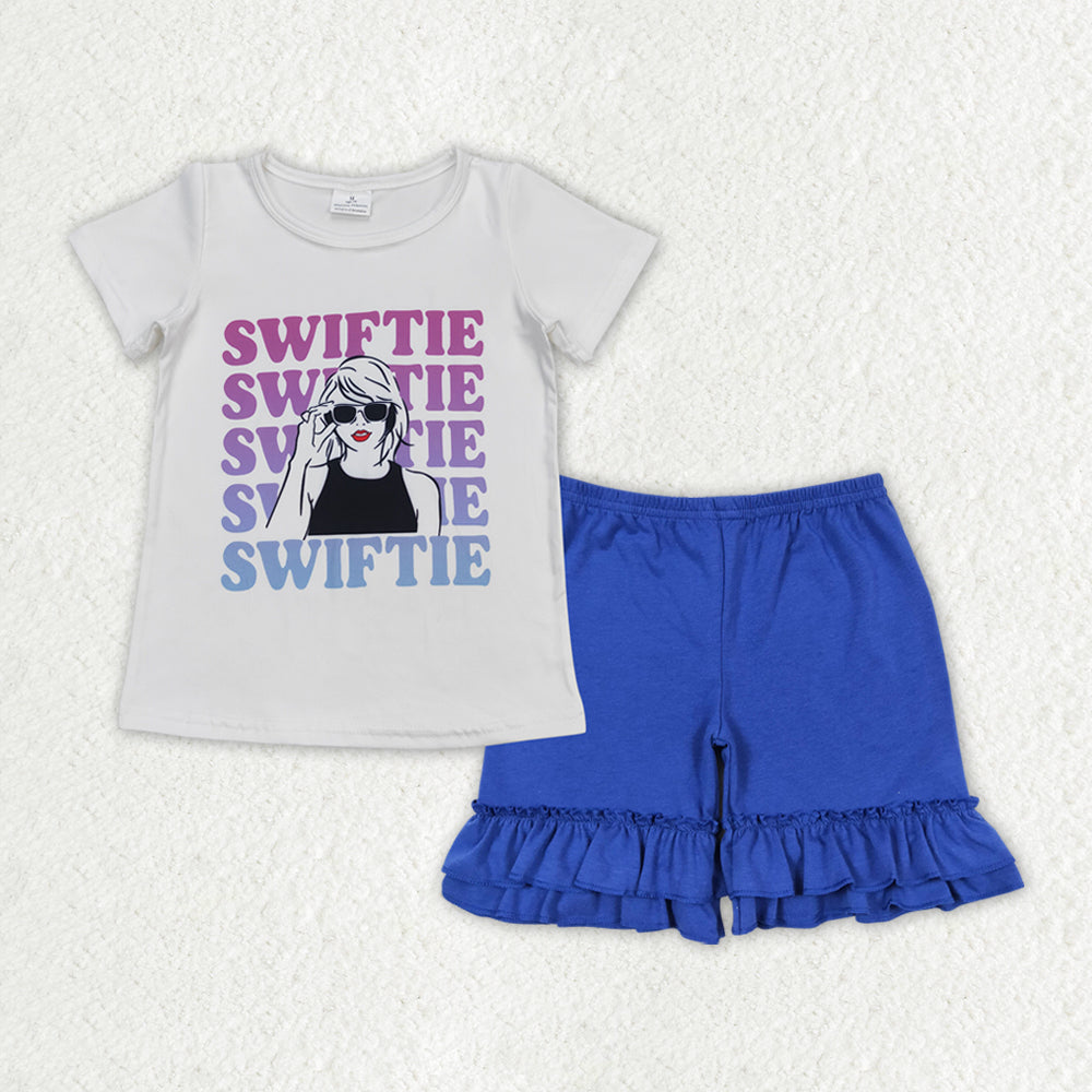 GSSO1382 Letter white short sleeve blue lace shorts suit