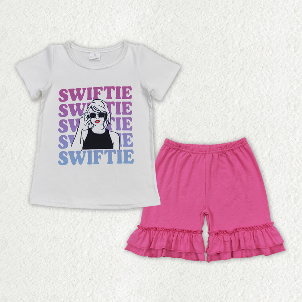GSSO1383 Swiftie letter white short-sleeved light rose red lace shorts suit
