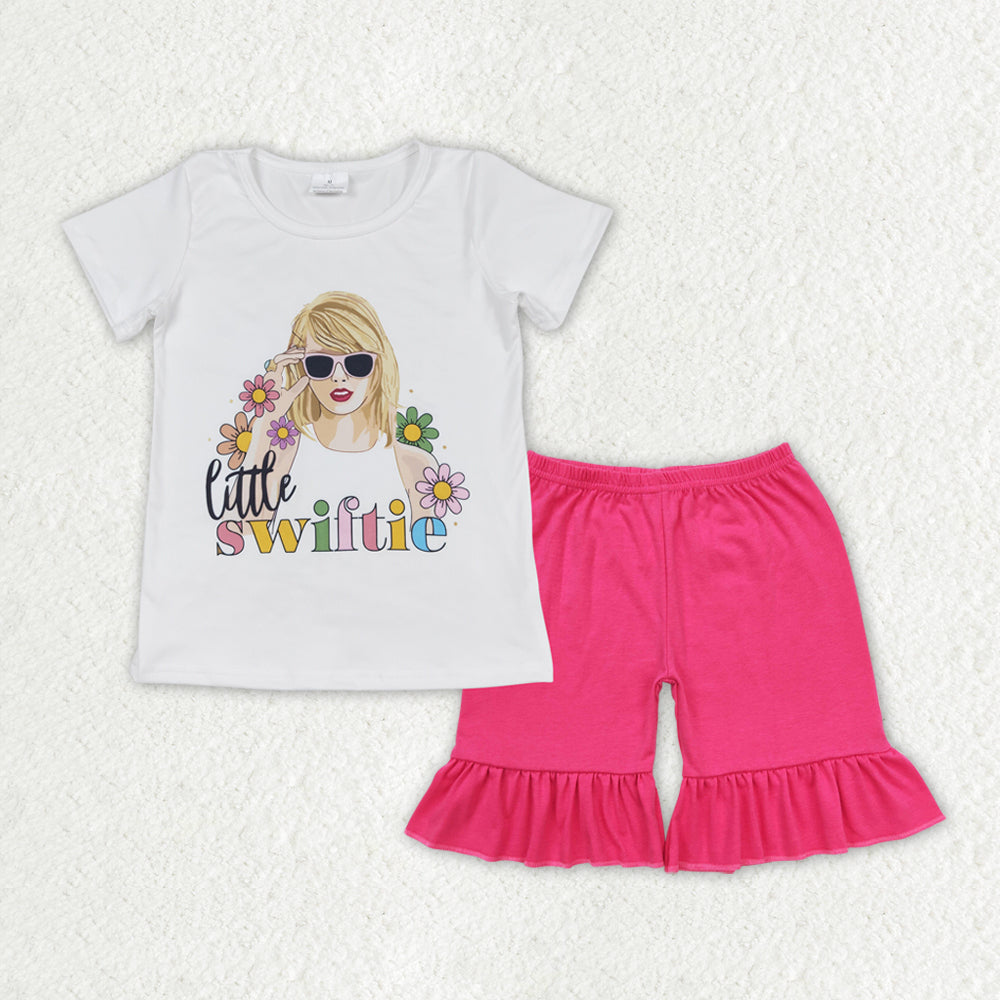 GSSO1386 little swiftie flower short-sleeved rose red one-layer lace shorts suit