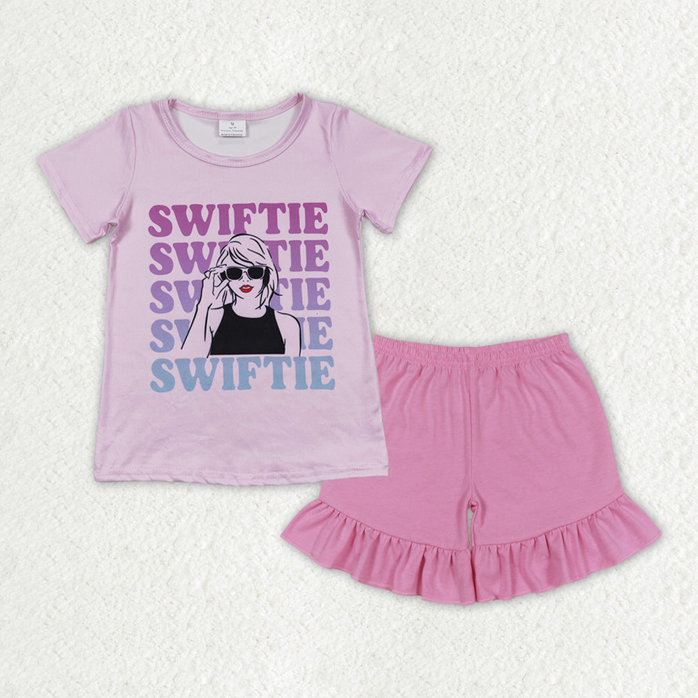 GSSO1388 swiftie letter pink short sleeve pink one layer lace shorts suit