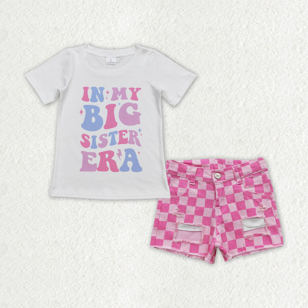 GSSO1408 big sister era letter white short sleeve pink plaid ripped denim shorts suit