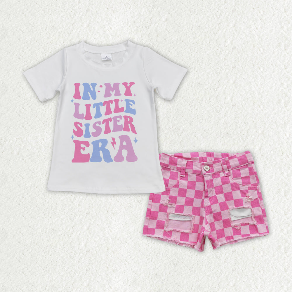 GSSO1409 little sister era letter white short sleeve pink plaid ripped denim shorts suit