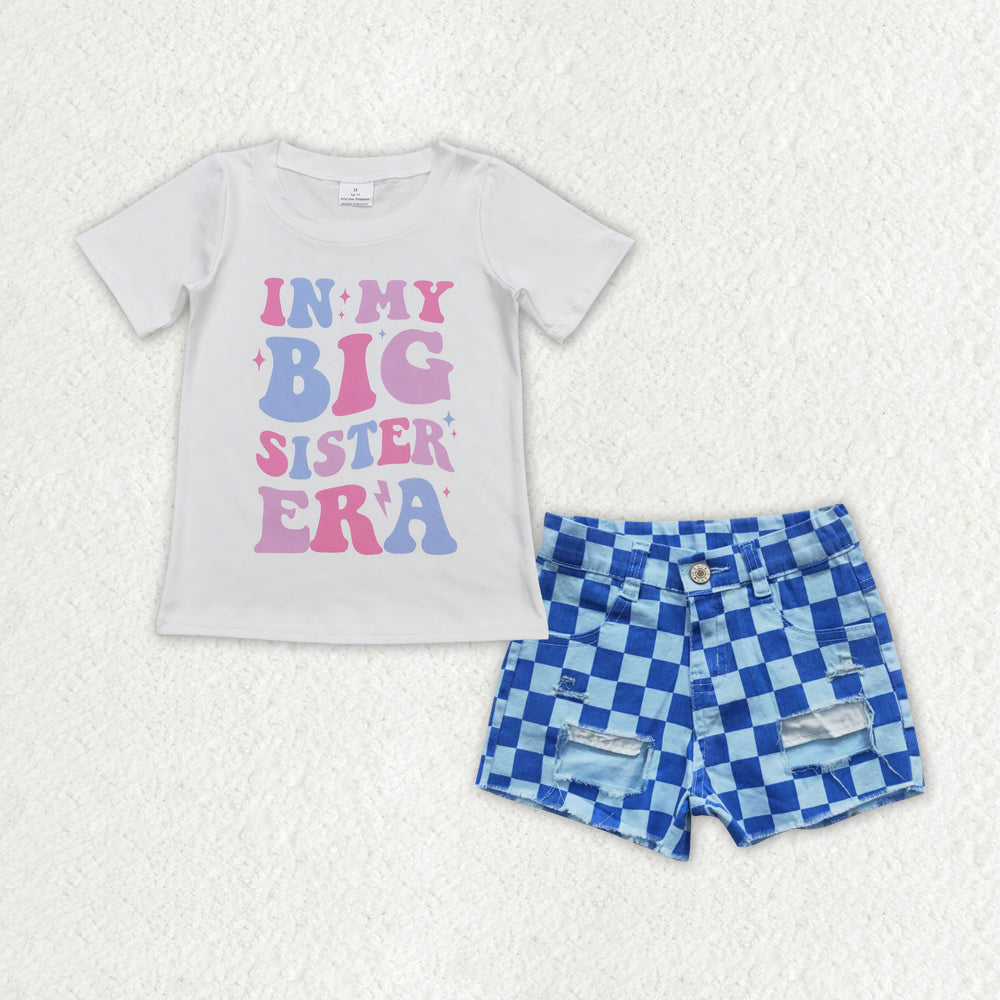GSSO1410 big sister era letter white short sleeve blue plaid ripped denim shorts suit