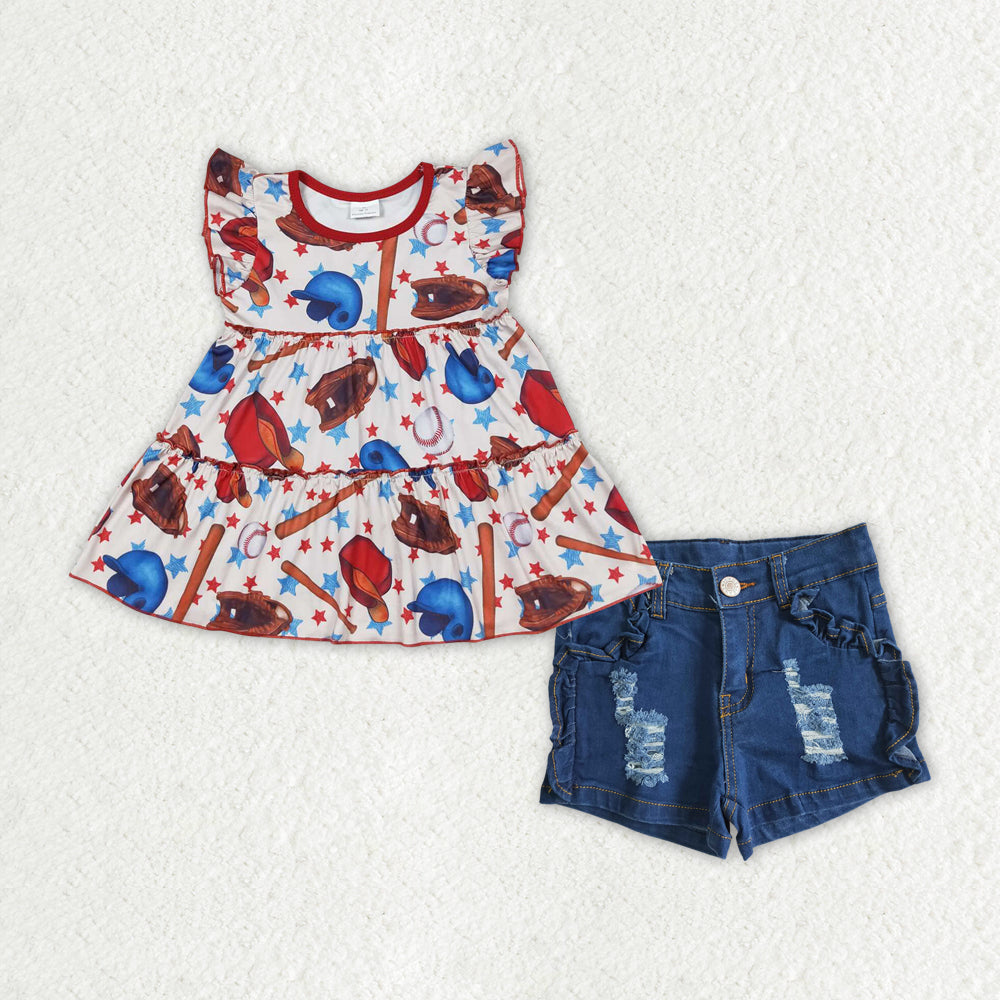 GSSO1412 Baseball star flying sleeve denim dark blue ripped shorts suit