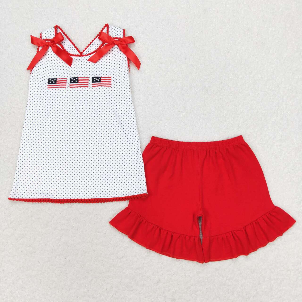 GSSO1414 National Flag Polka Dot White Sleeveless Red Shorts Set