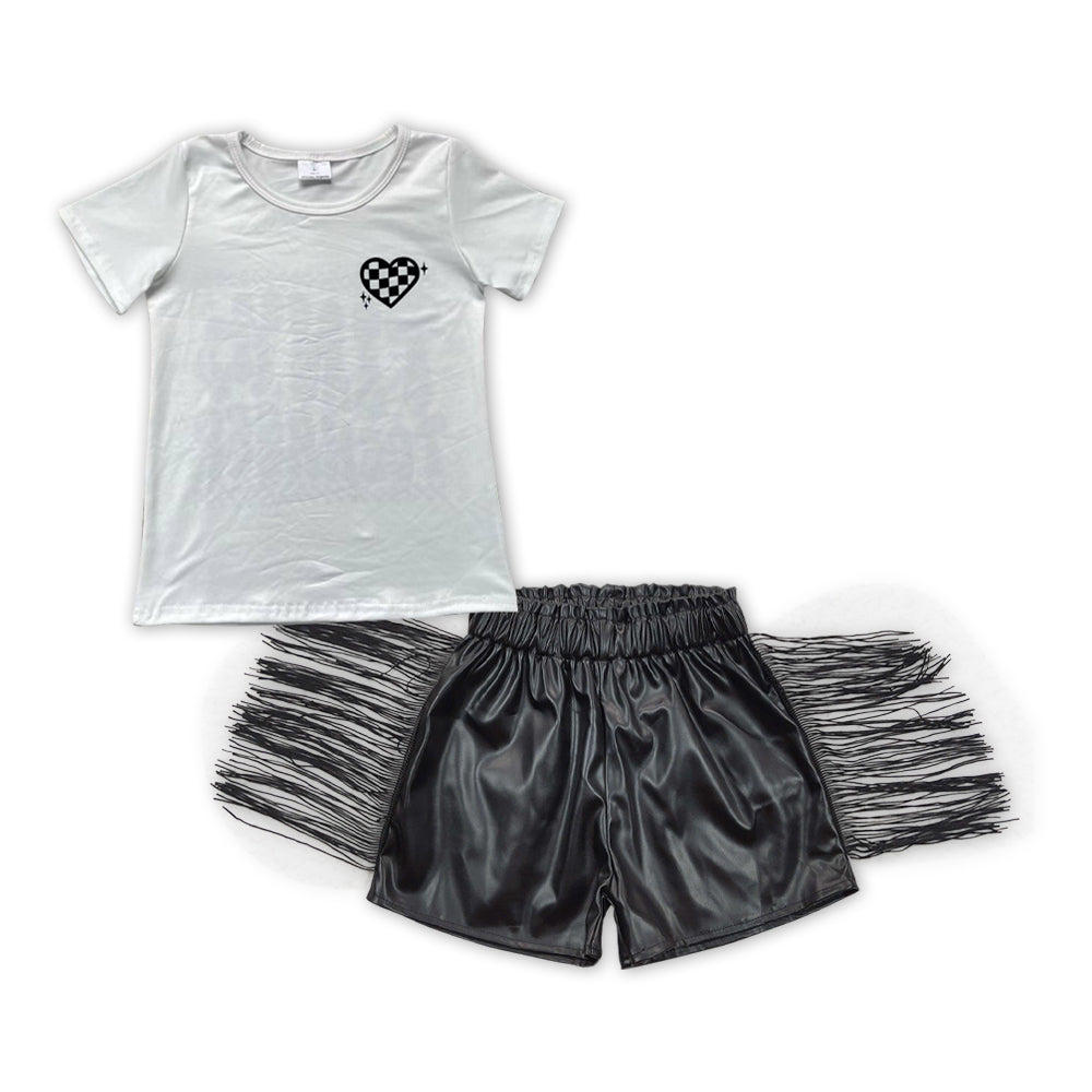 GSSO1419 Black and white plaid love short-sleeved black glossy leather tassel shorts set