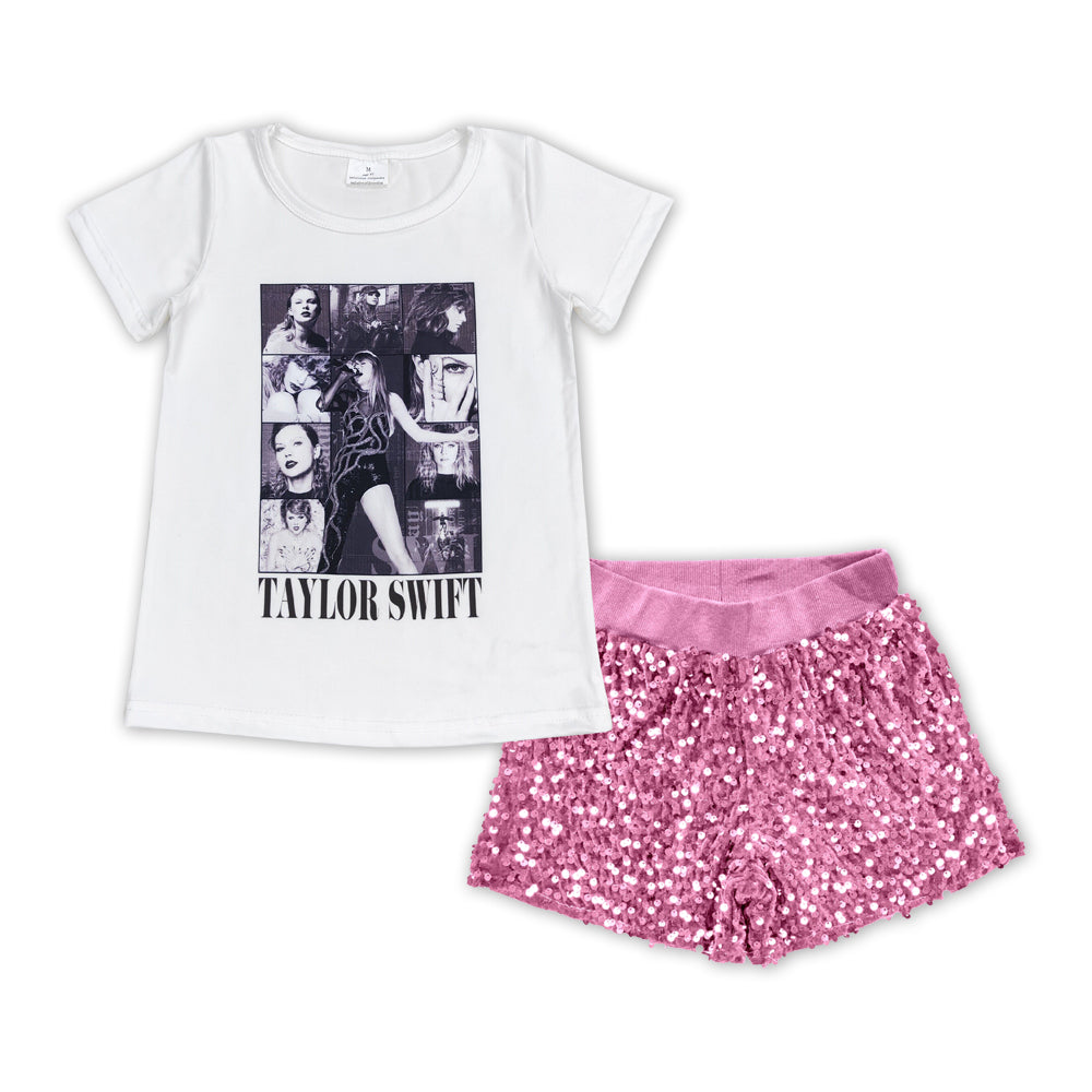 GSSO1424 Baby Girls Grey Tee Shirts Pink Sequin Shorts Clothes Sets