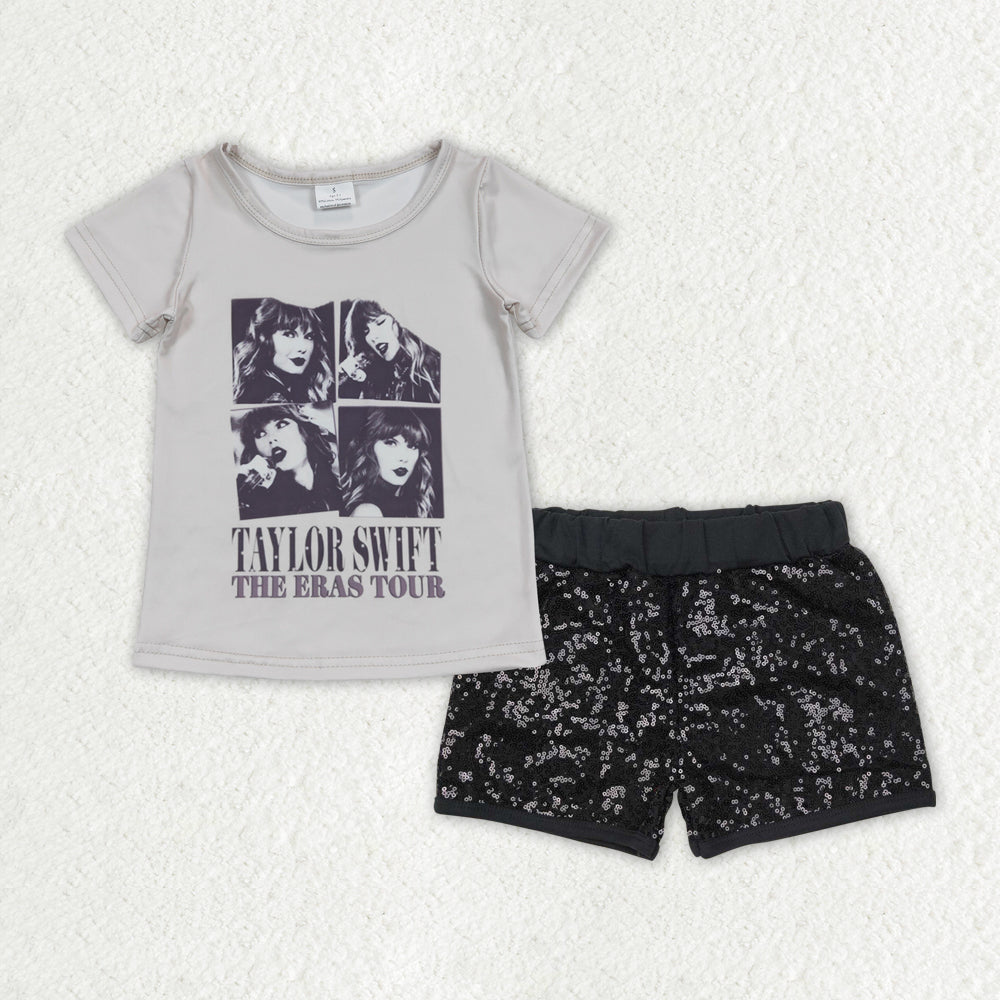 GSSO1454 Baby Girls Singer Grey Shirt Black Sequin Shorts Clothes Sets