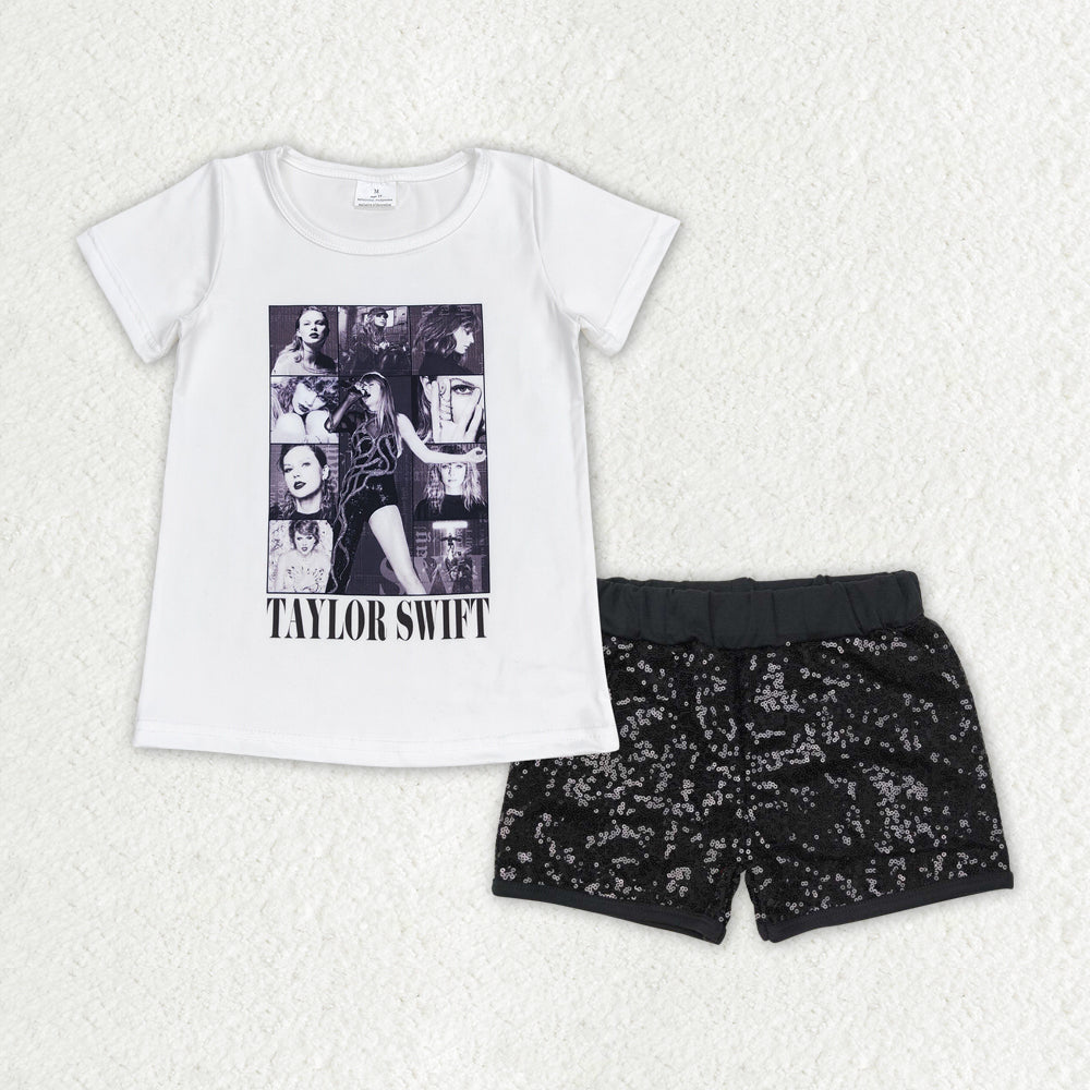 GSSO1458 Baby Girls Singer White Shirt Black Sequin Shorts Clothes Sets