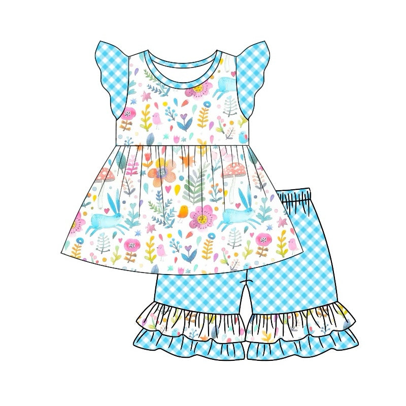 presale GSSO1462 Rabbit flower leaf blue plaid lace white flying sleeve shorts suit 2024 9.28