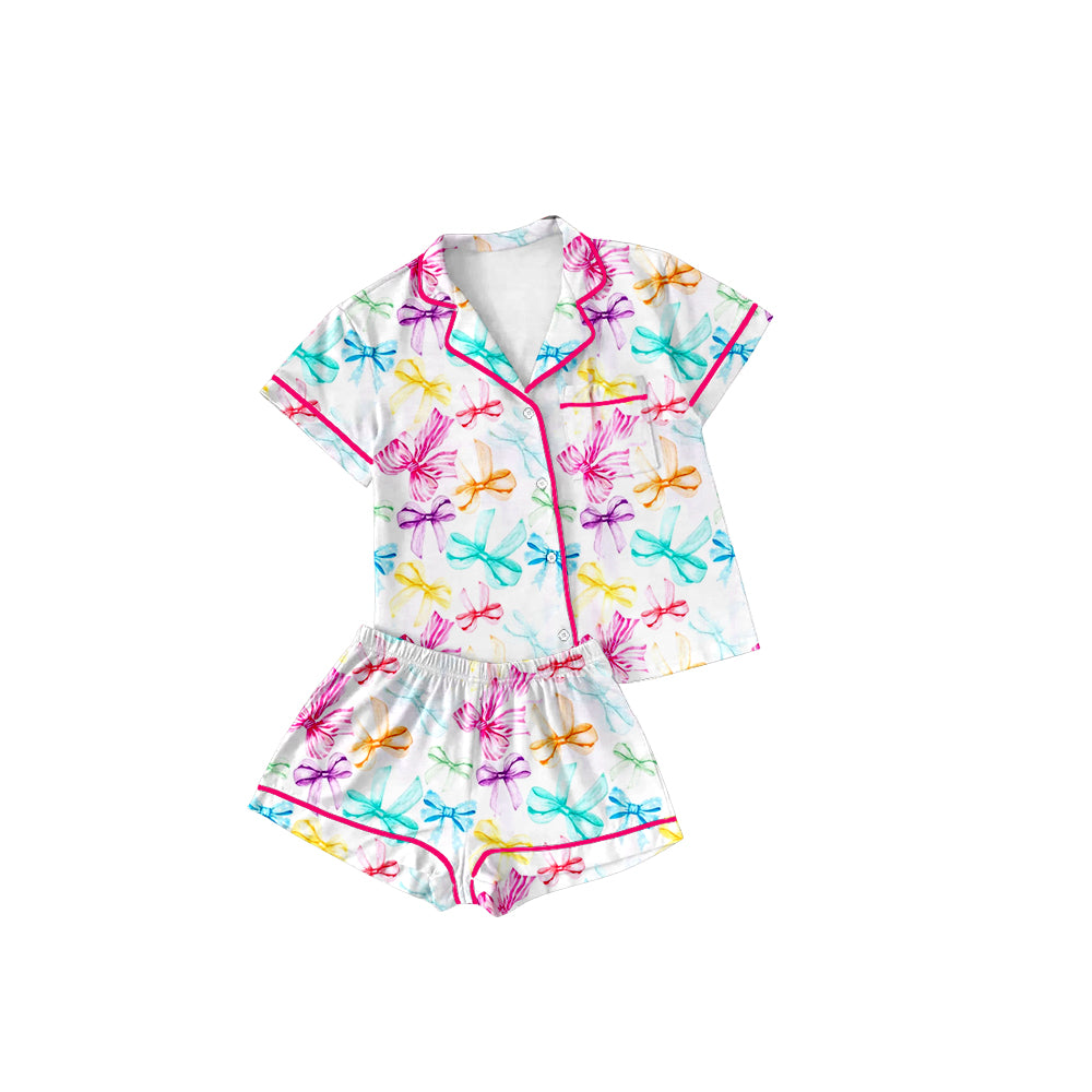 presale GSSO1479 Adult women's colorful bow pattern white short-sleeved shorts pajama set 2024 10.14