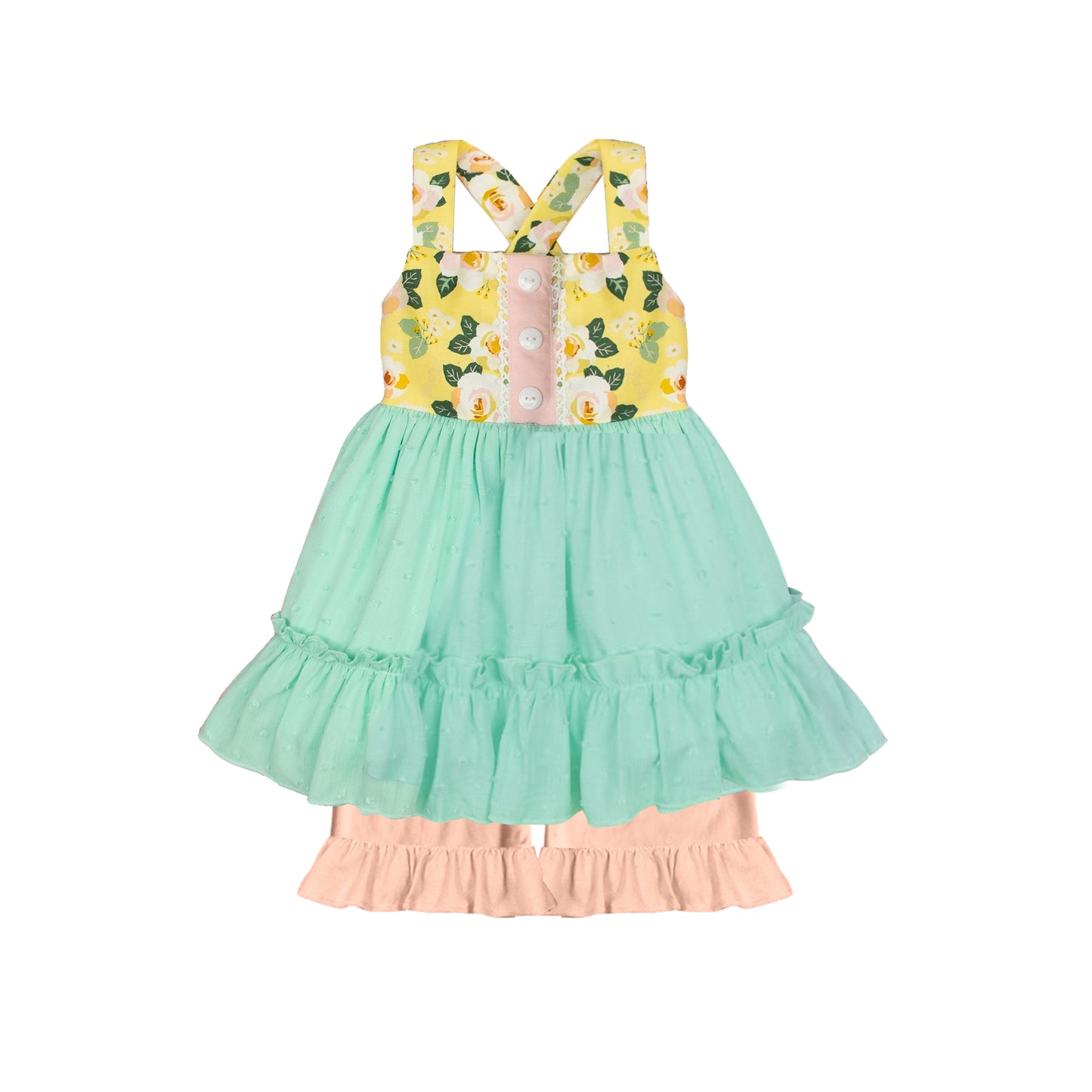 presale GSSO1485 Baby Girls Yellow Flowers Straps Tunic Ruffle Shorts Clothes Sets 2024 10.18