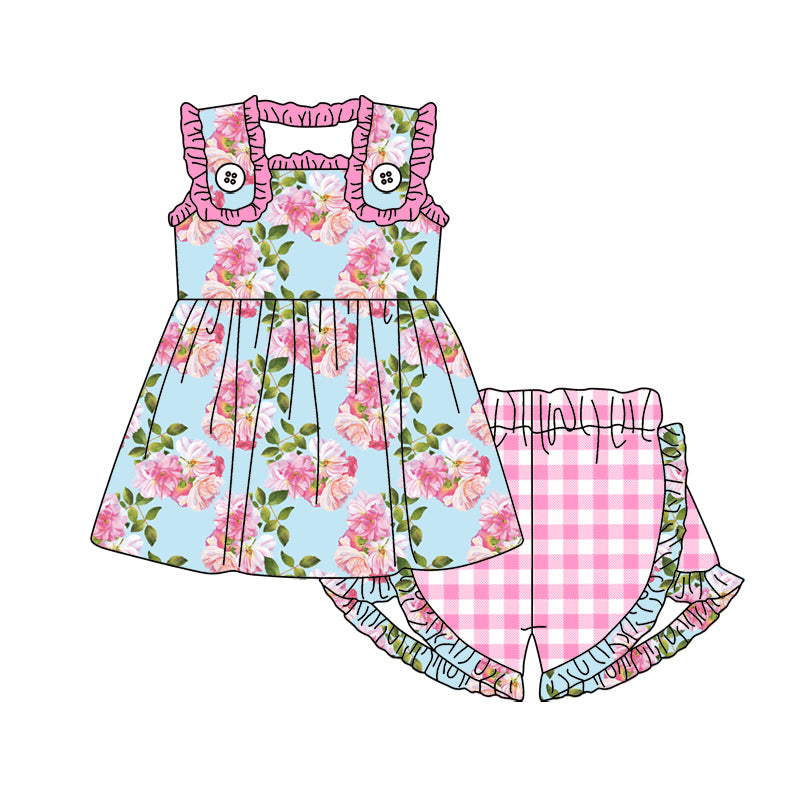 presale GSSO1498 Flower and Leaf Pink Lace Blue Sleeveless Plaid Shorts Set 2024 10.22