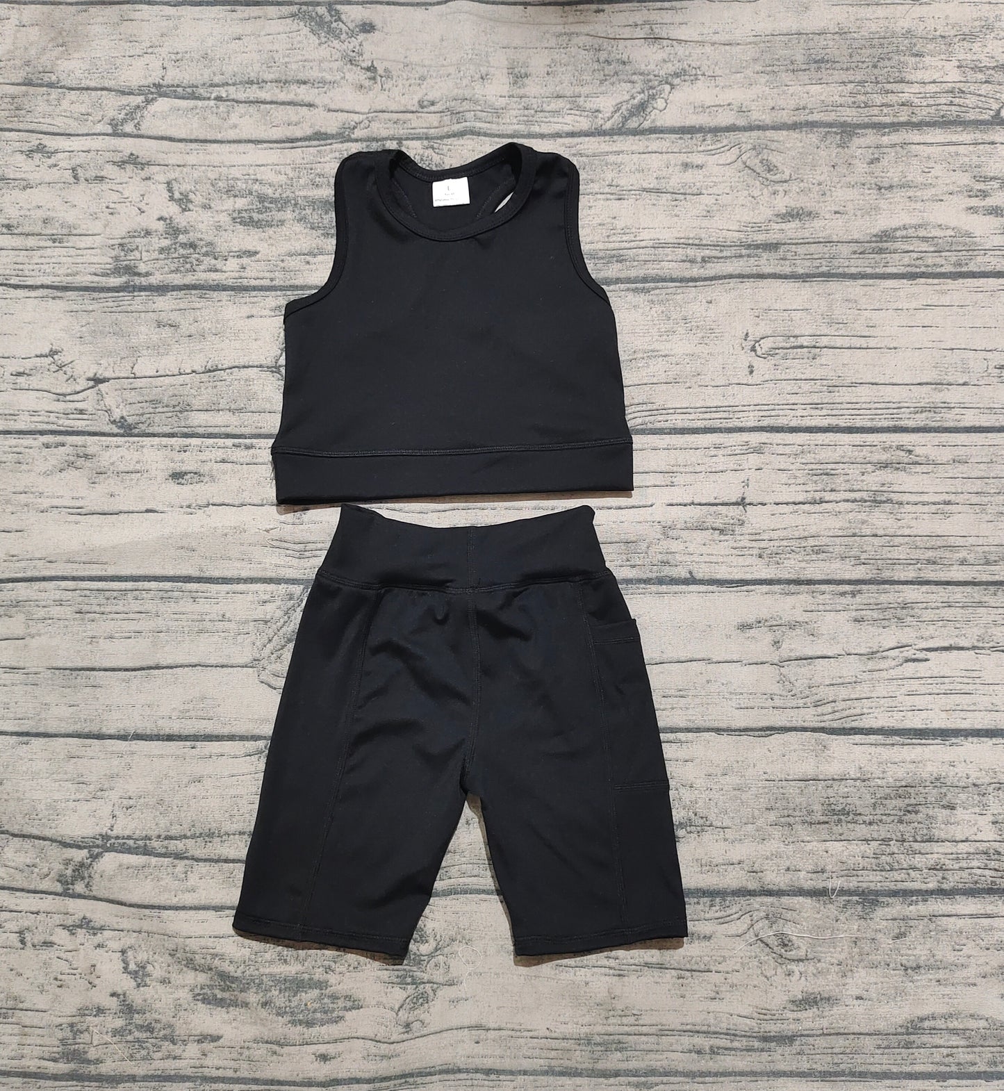 GSSO1517 Baby Girls Solid black vest shorts yoga suit D 4.12