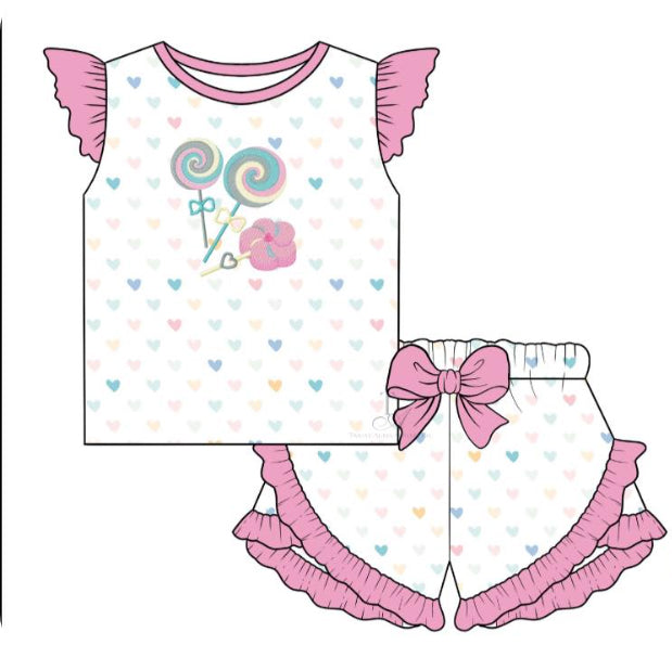 Presale GSSO1523 Lollipop Heart Pink and White Fly Sleeve Shorts Set 2024 10.25