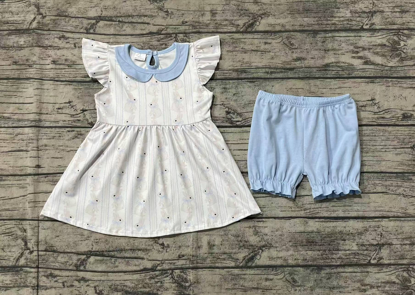 GSSO1525 Easter bunny bow pattern blue doll collar white flying sleeve shorts suit