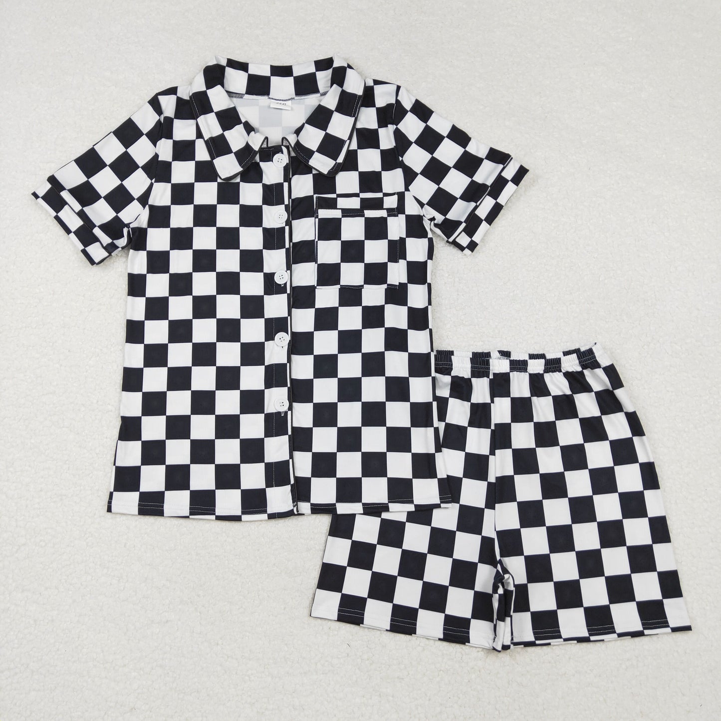 GSSO1536 Adult women black and white plaid short-sleeved shorts pajamas set