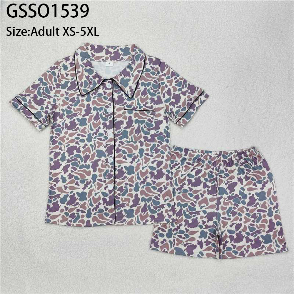 GSSO1539 Adult Women Green Camouflage Buttons Tops Shorts Pajamas D 3.31