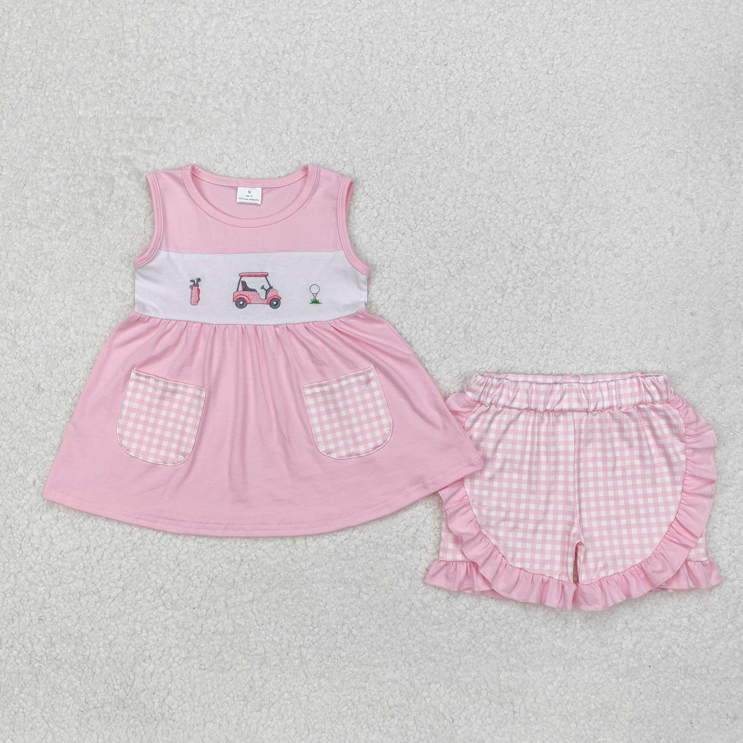 GSSO1554 Golf Cart Pink Plaid Pocket Sleeveless Shorts Set