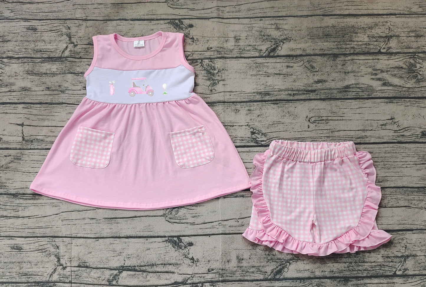 GSSO1554 Golf Cart Pink Plaid Pocket Sleeveless Shorts Set