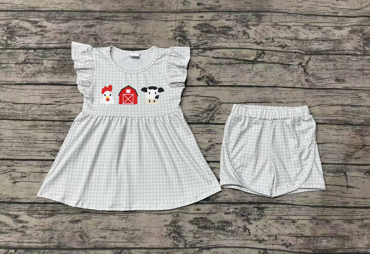 GSSO1564 Chicken Farm Red House Cow Green Plaid Flying Sleeve Shorts Set
