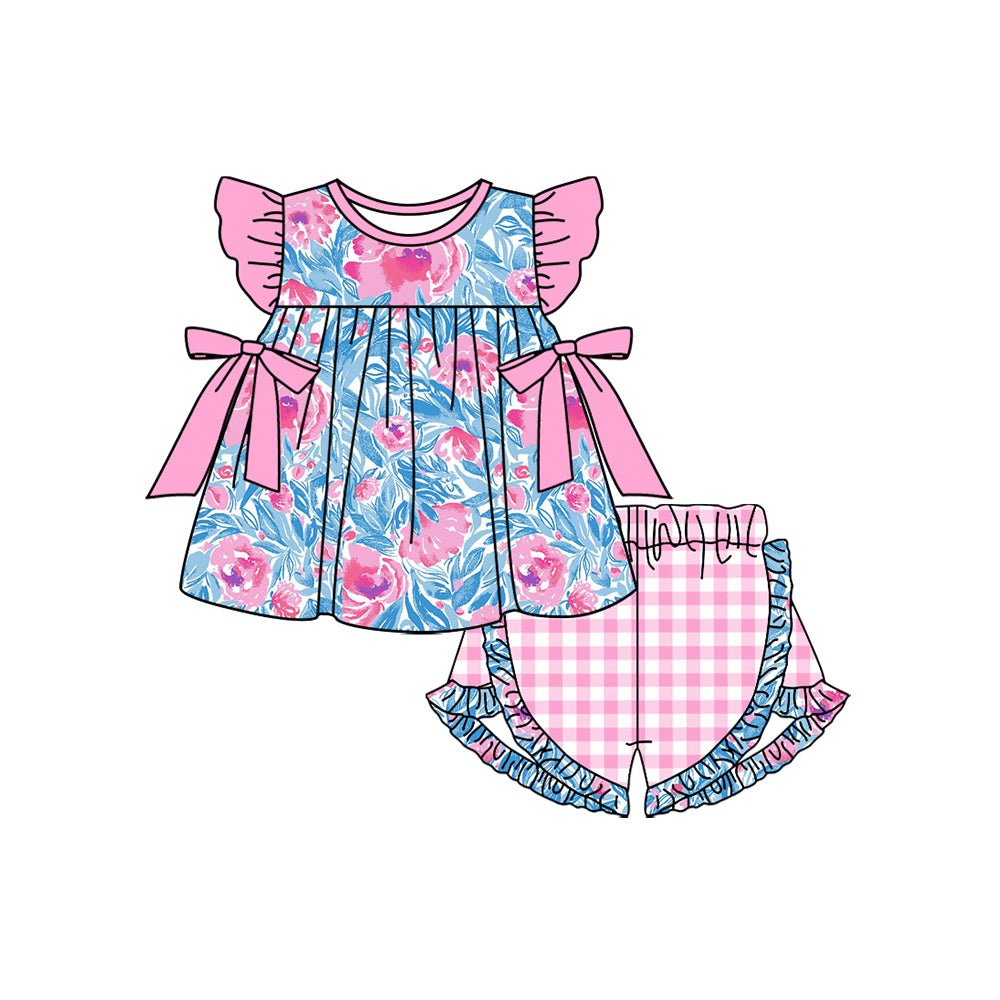 presale GSSO1595 Flower Leaf Pink Bow Blue Fly Sleeve Shorts Set 2024 11.12