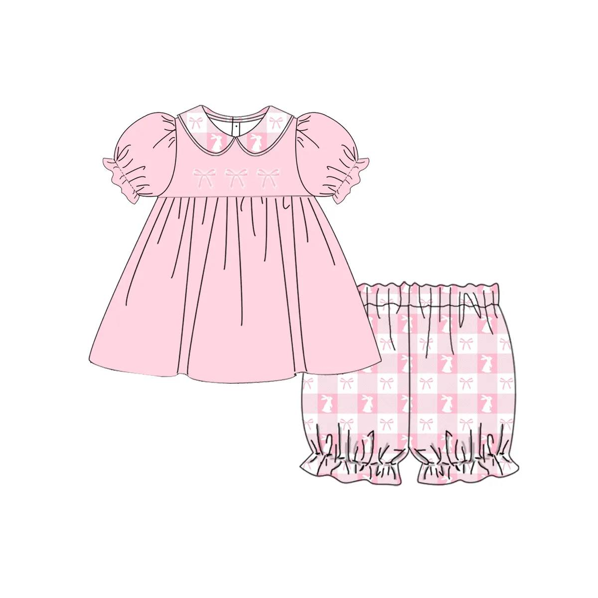 presale GSSO1597 Easter Bunny Bow Pattern Doll Collar Pink Short Sleeve Plaid Shorts Set 2024 11.12
