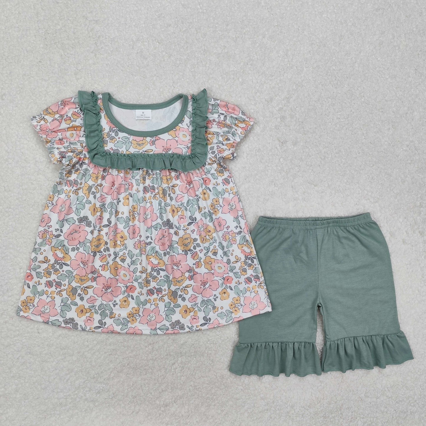 GSSO1607 Flower and leaf green lace short-sleeved shorts suit