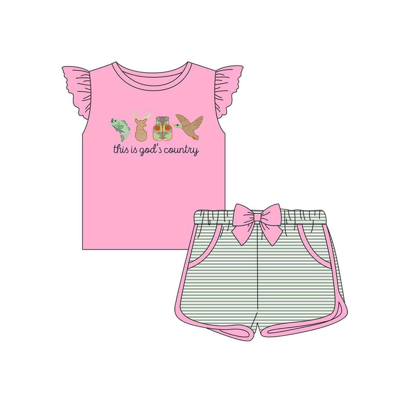 GSSO1614 Fish Deer Vest Duck Pink Flying Sleeve Striped Shorts Set D 4.19