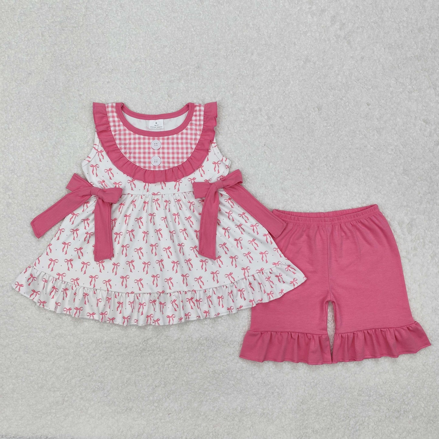GSSO1639 Bow pattern pink lace plaid sleeveless shorts suit