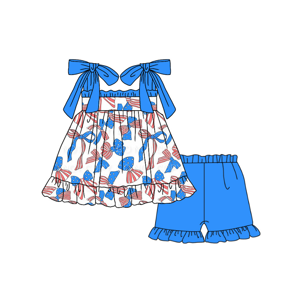 presale GSSO1662 National Day Bow Pattern Blue Lace White Suspender Shorts Set 2024 11.22