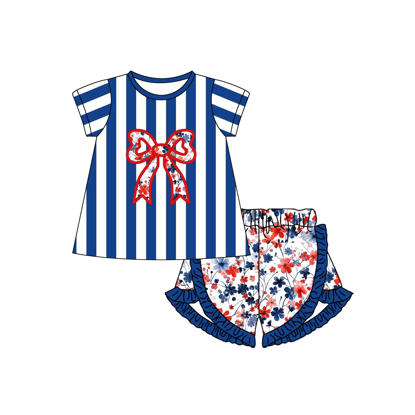 presale GSSO1669 Floral Bow Blue and White Striped Short Sleeve Shorts Set 2024 11.25