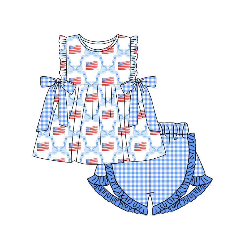 GSSO1684 National Day Flag Blue Plaid Bow Pattern Sleeveless Shorts Set D 3.17