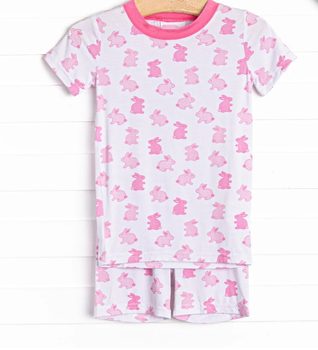 GSSO1700 Easter Plaid Polka Dot Bunny Pink and White Short Sleeve Shorts Pajama Set