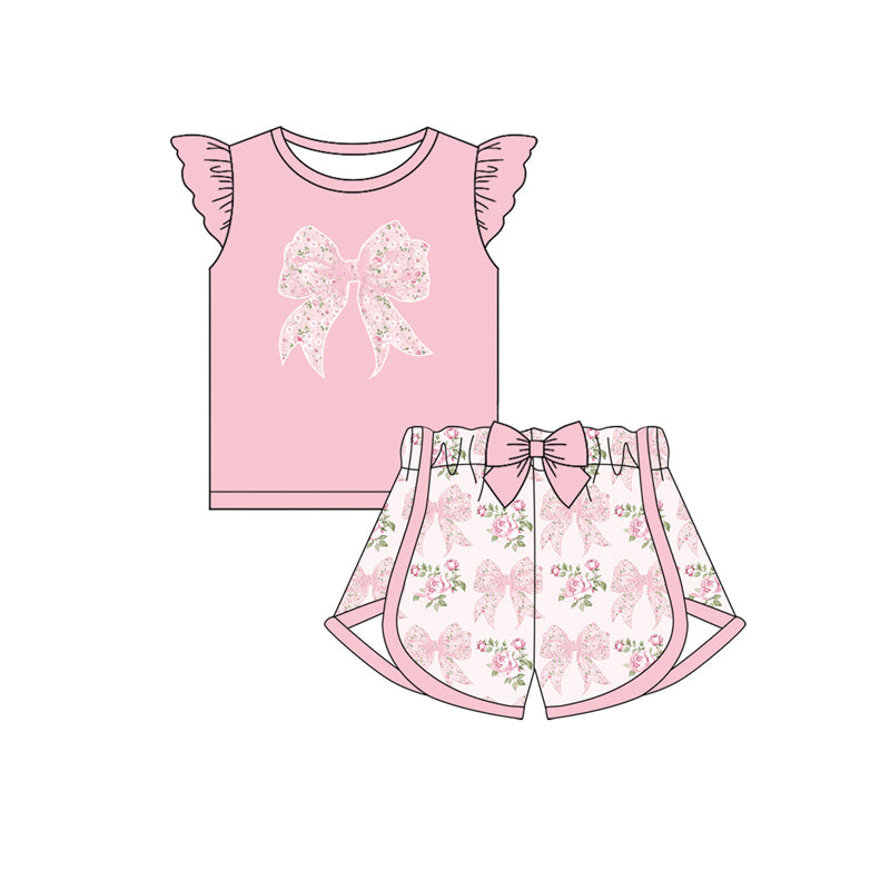 GSSO1702 Floral Flower Leaf Bow Pink Fly Sleeve Shorts Set