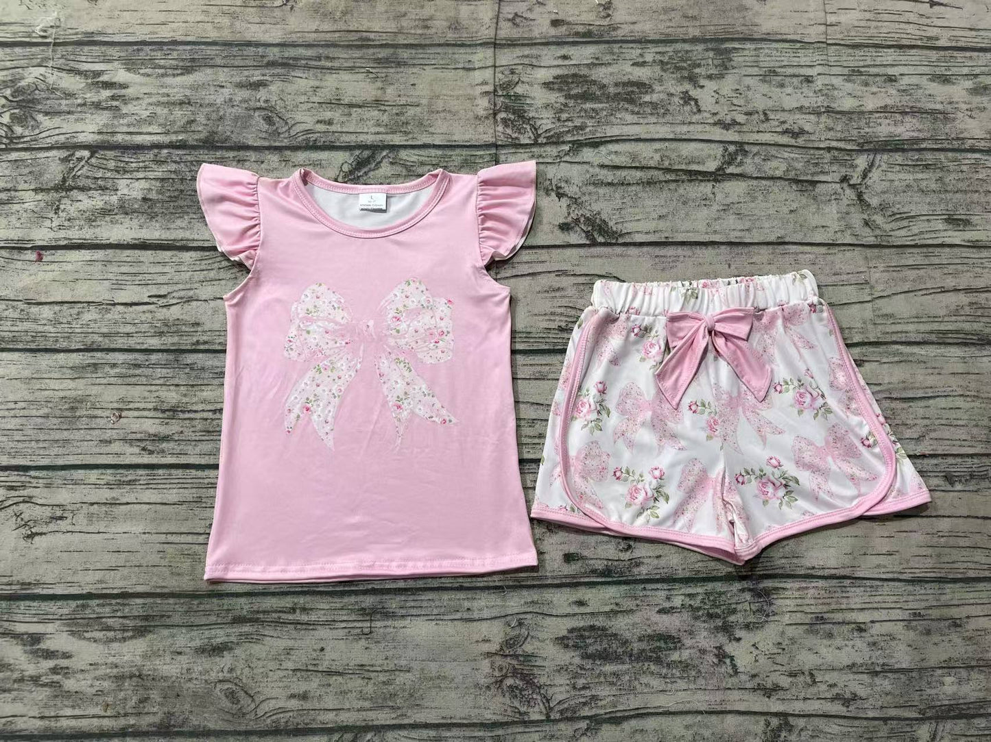 GSSO1702 Floral Flower Leaf Bow Pink Fly Sleeve Shorts Set