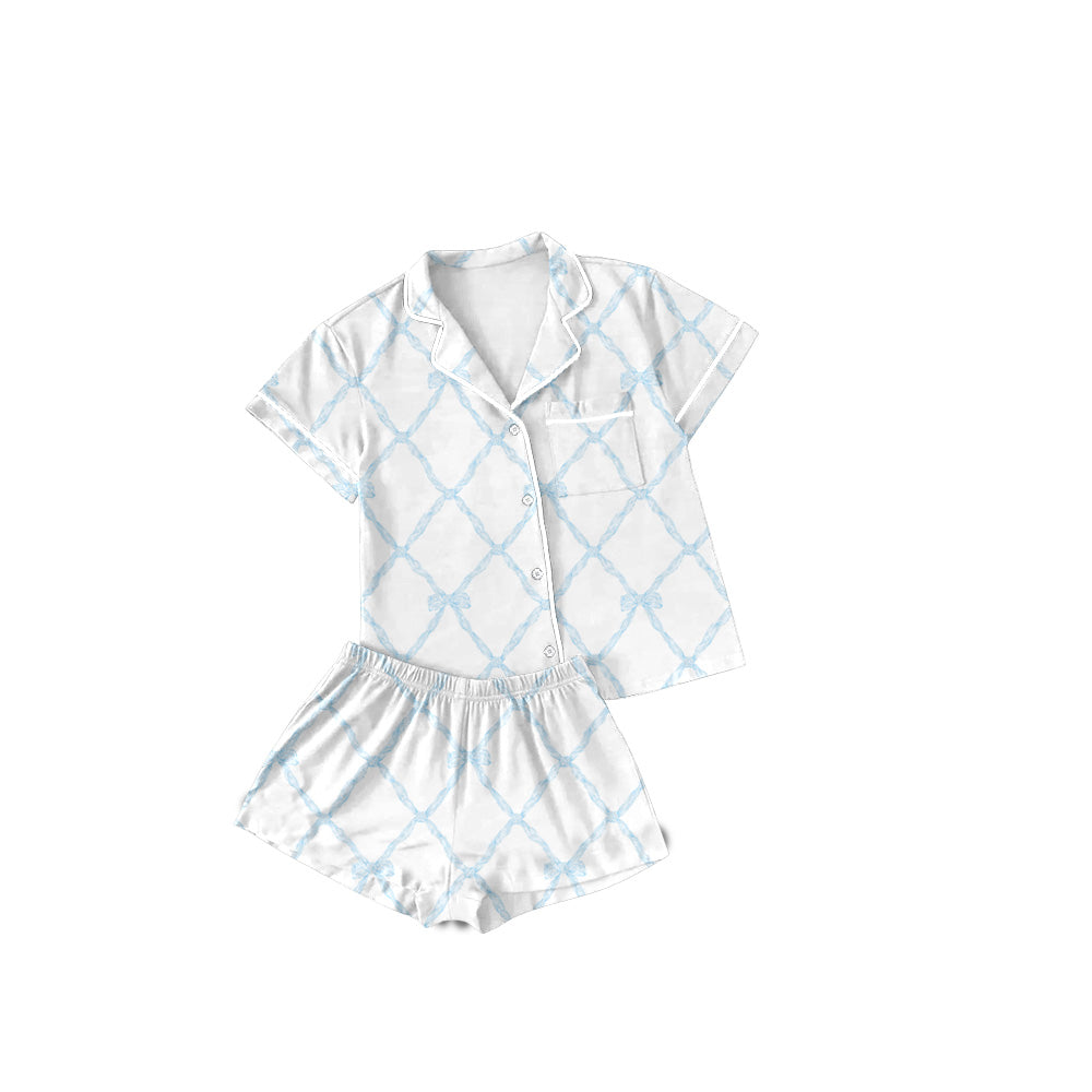 presale GSSO1709 Adult women blue bow pattern white short-sleeved shorts pajama set 2024 12.3