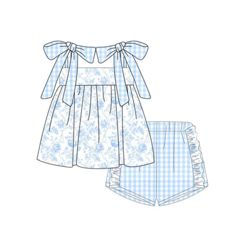 preorder GSSO1716 Floral Blue Plaid Overall Shorts Set 2024 12.9