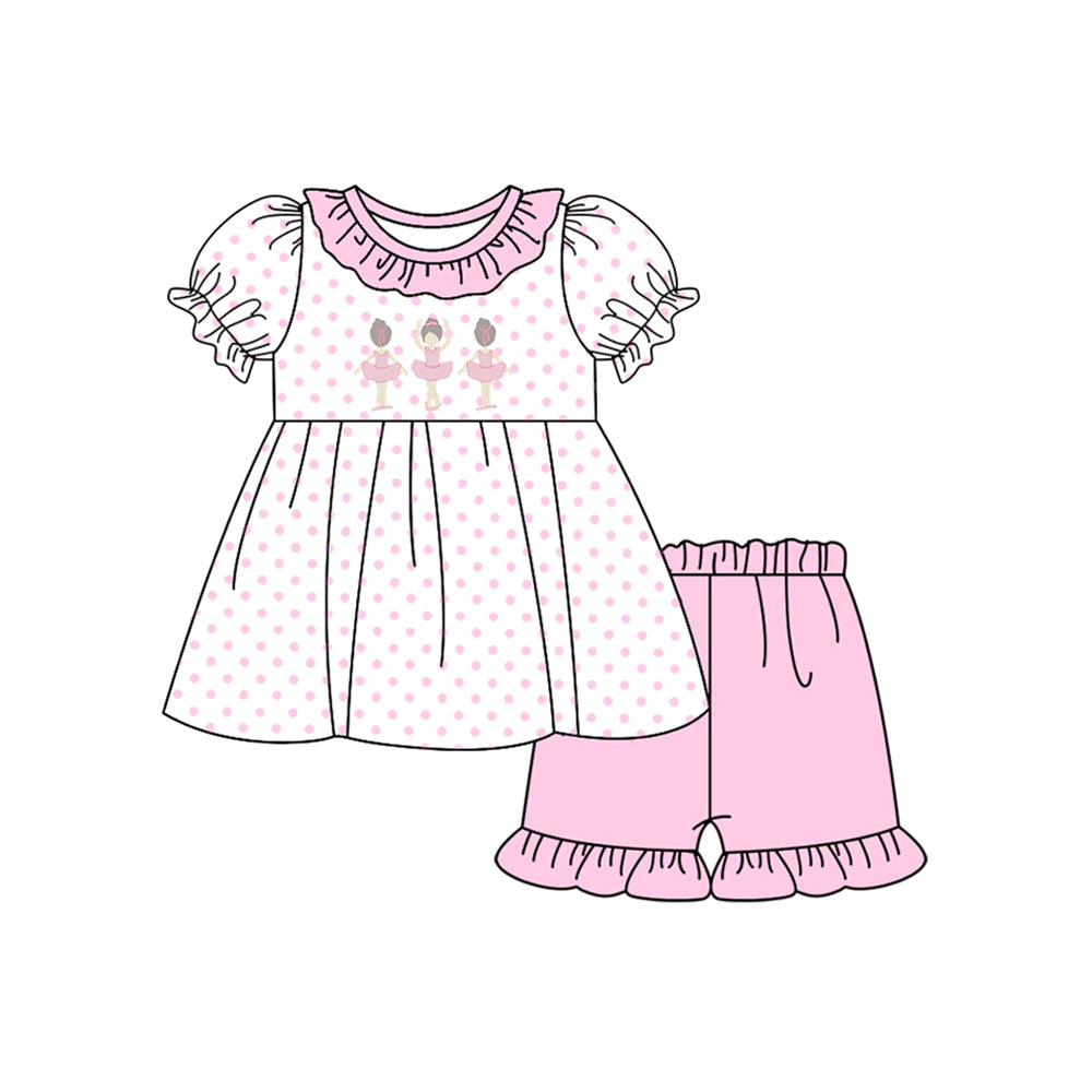 GSSO1732 Ballet pink lace polka dot white shorts set