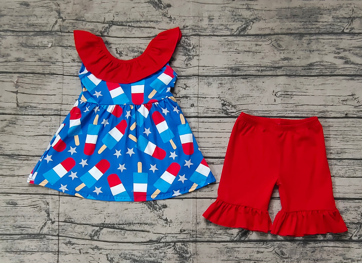 GSSO1765 National Day Star Popsicle Red Lace Blue Sleeveless Shorts Set D 3.13