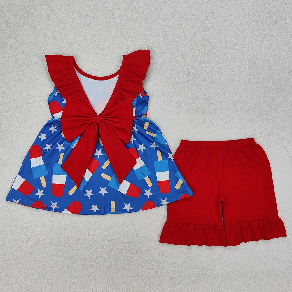 GSSO1765 National Day Star Popsicle Sleeveless Back Bow Shorts Set