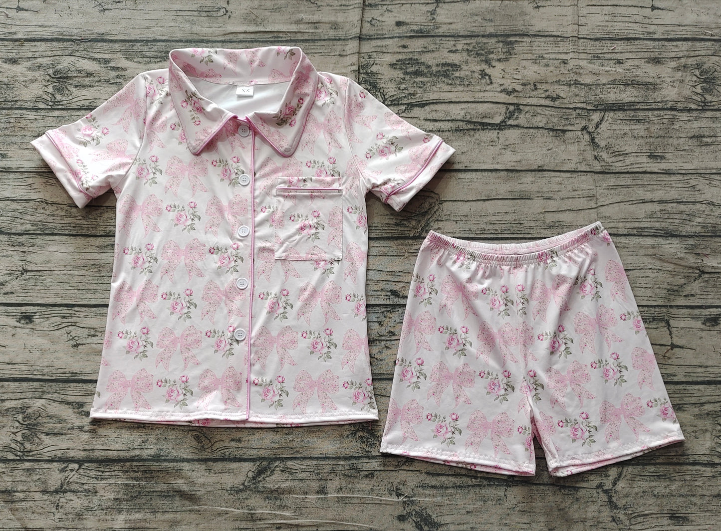 GSSO1779 Adult Women Pink Bows Flowers Buttons Tops Shorts Pajamas