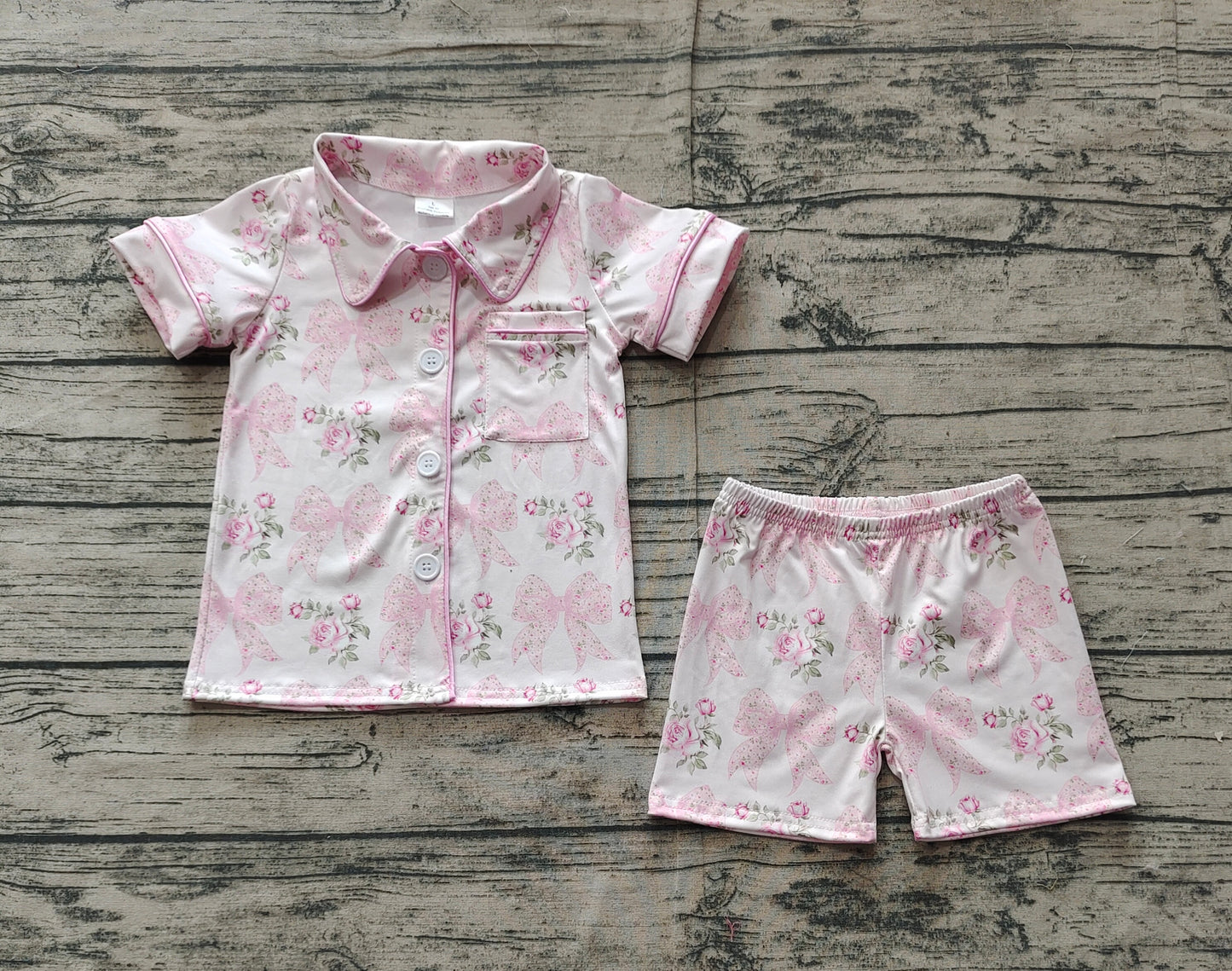 GSSO1780 Pink short-sleeved shorts pajama set with floral flower, leaf and bow pattern