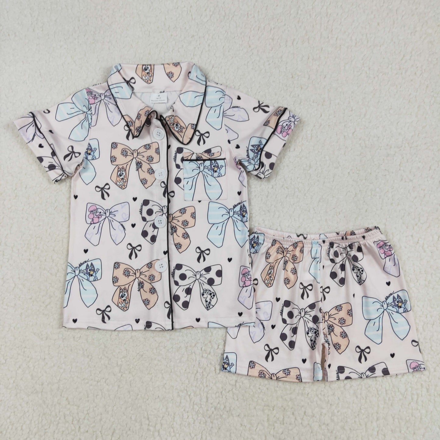 GSSO1810 Baby Girls Bows Dogs Buttons Shirts Shorts Pajamas Clothes Sets D 4.14