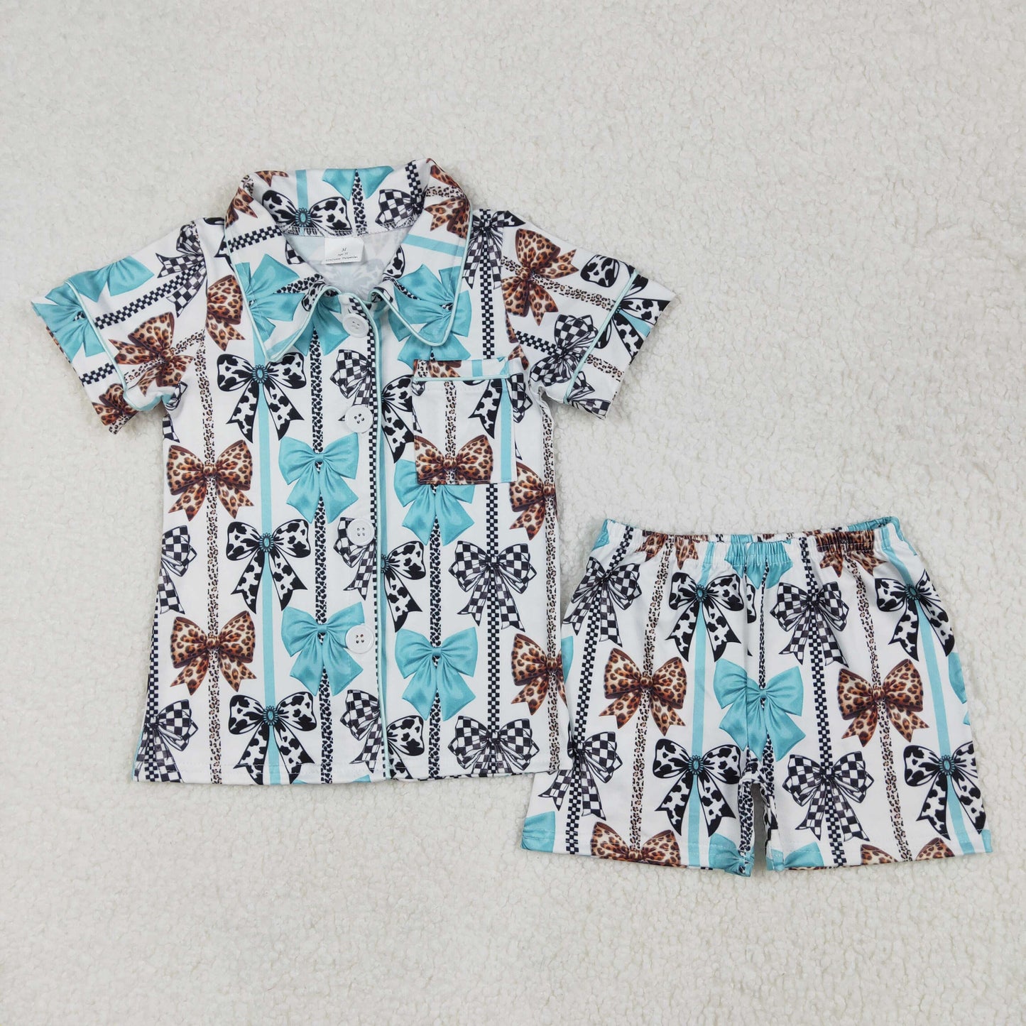 GSSO1858 Baby Girls Western Bows Stripes Buttons Shirts Shorts Pajamas Clothes Sets