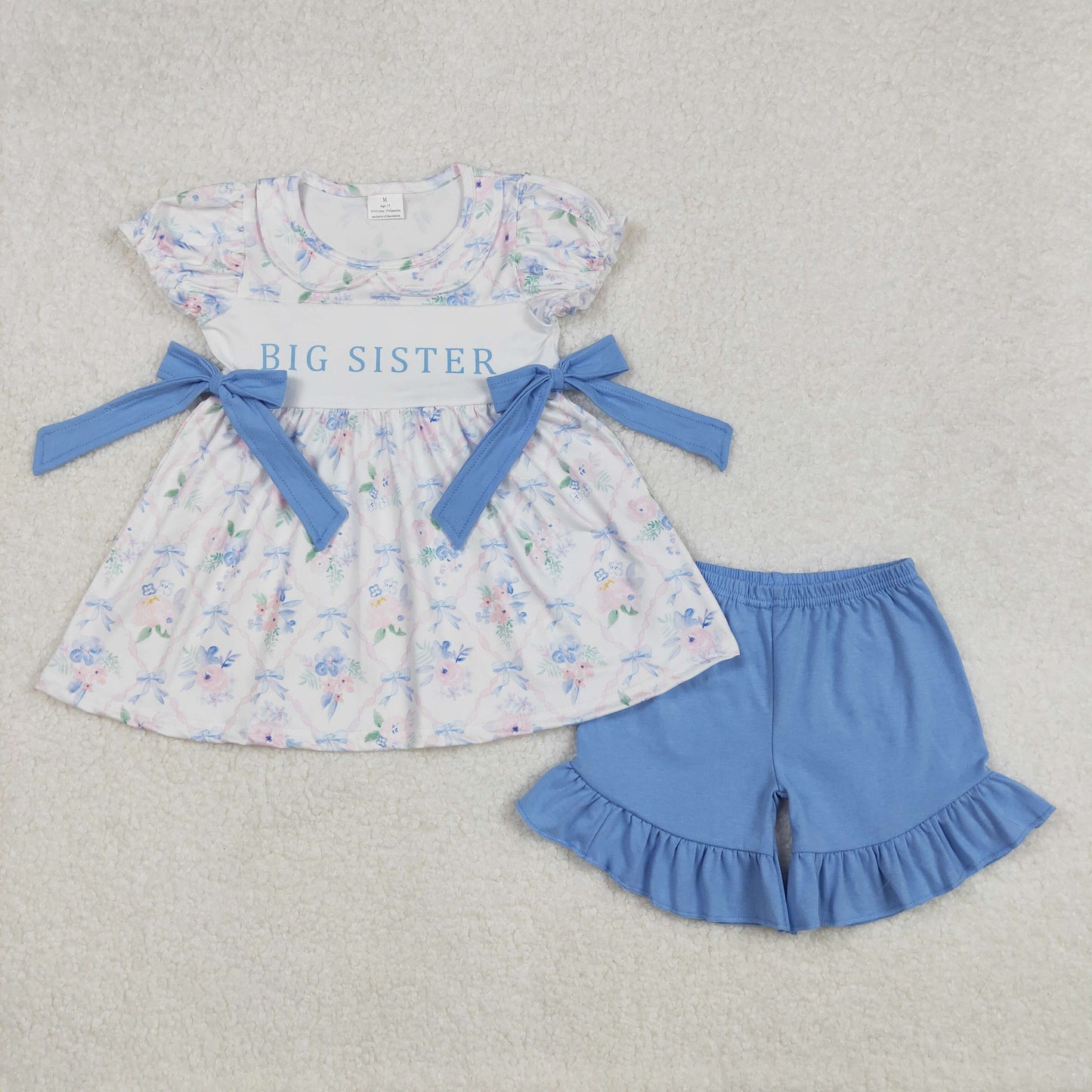GSSO1875 Baby Girls Blue Flowers Big Sister Tunic Ruffle Shorts Clothes Sets